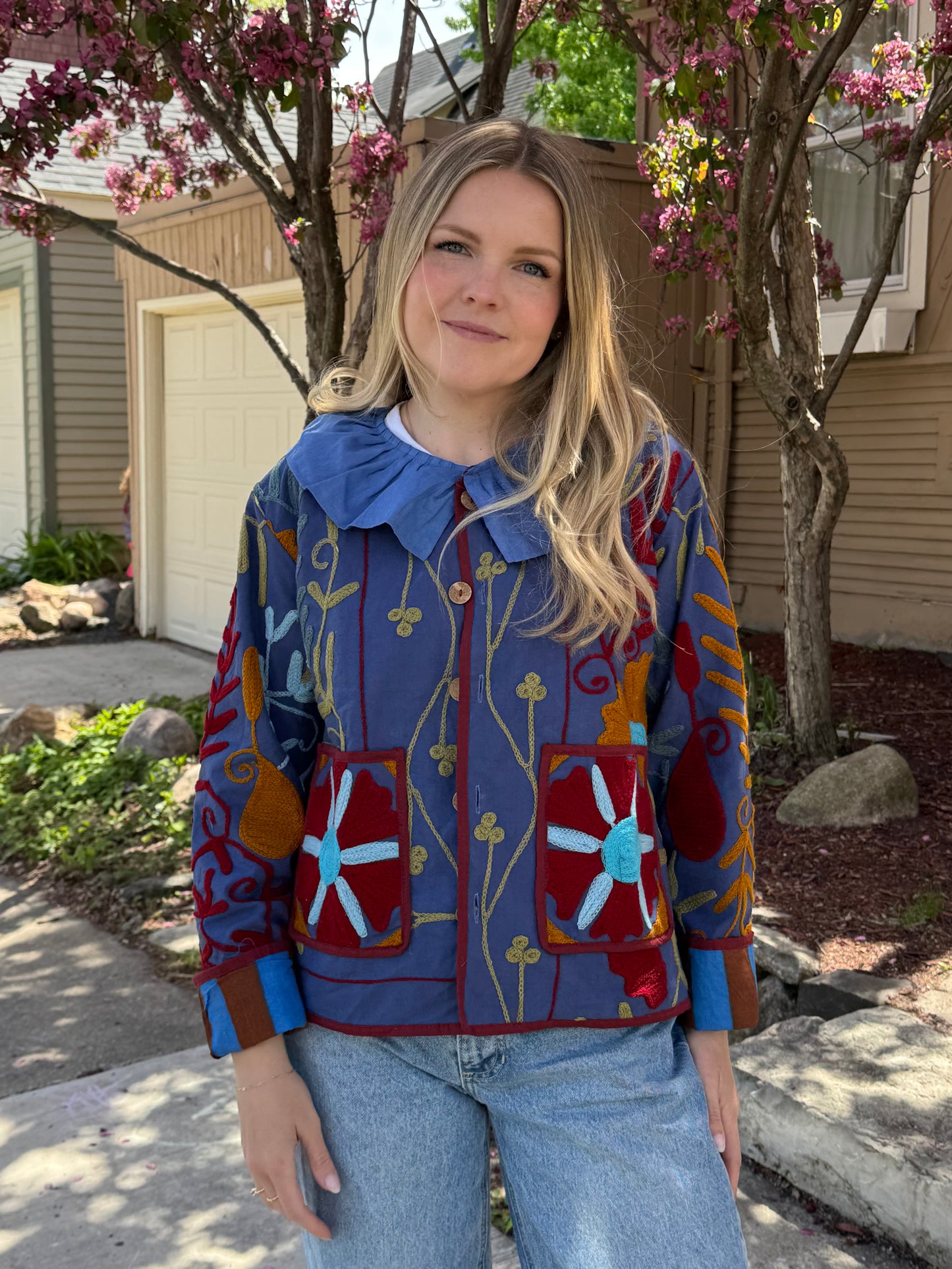 Embroidered Blue Ruffle Jacket