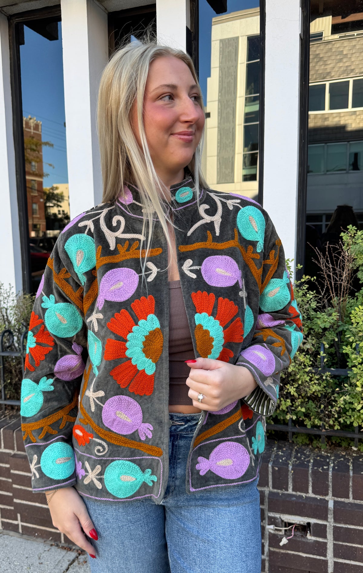 Gray Velvet Suzani Embroidered Jacket Free Size
