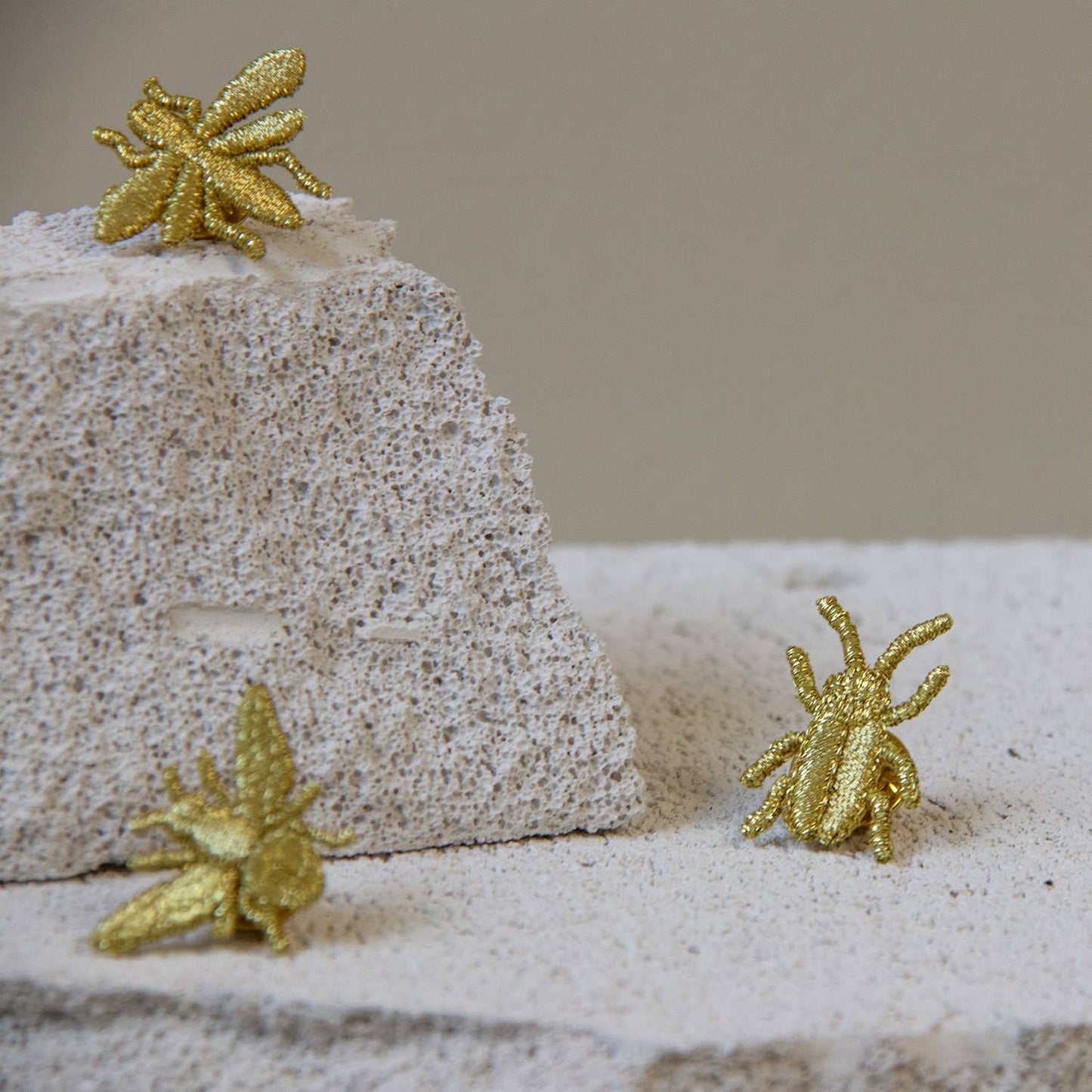 Golden Embroidered Brooches - 3 little Bugs