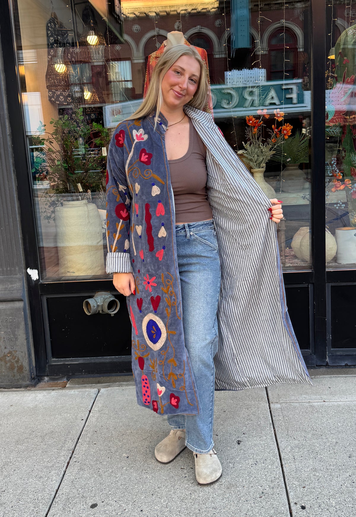 Slate Blue Velvet Suzani Embroidered Long Jacket Free Size