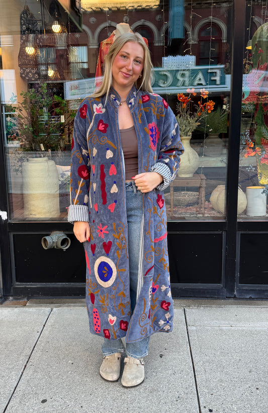 Slate Blue Velvet Suzani Embroidered Long Jacket Free Size