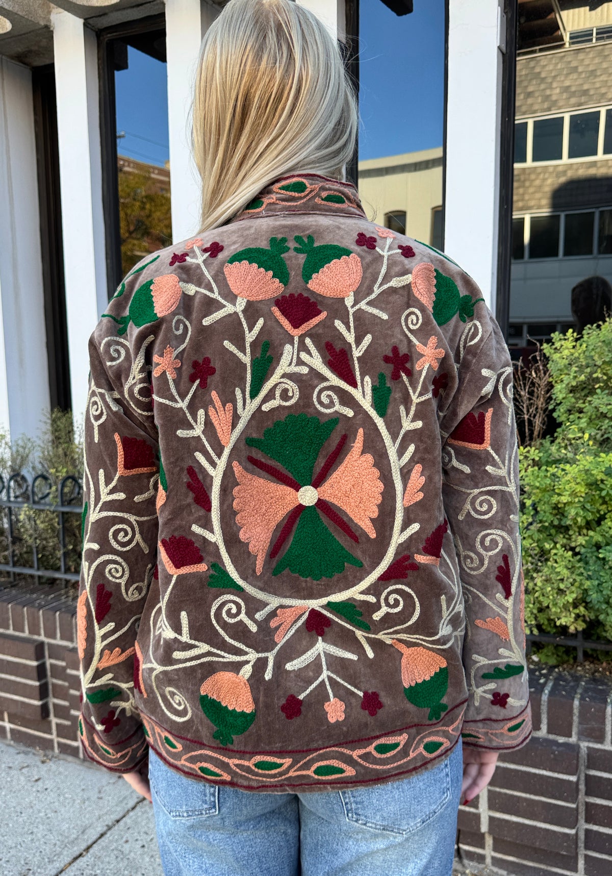 Velvet Suzani Taupe Embroidered Jacket Free Size