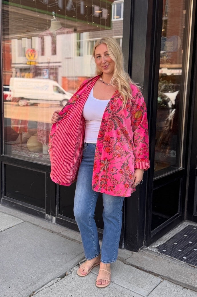 Velvet Free Size Hot Pink & Floral Jacket
