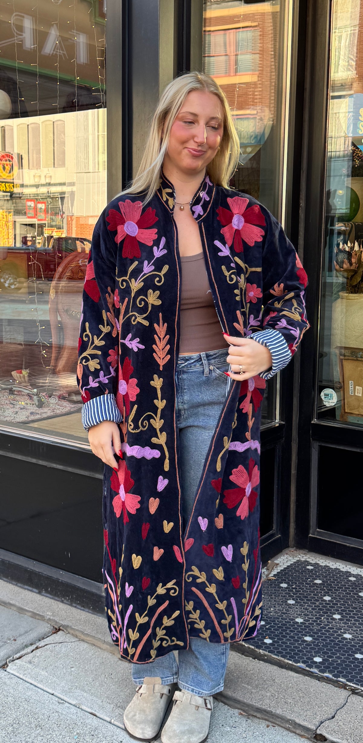 Navy Colorful Velvet Suzani Embroidered Long Jacket Free Size