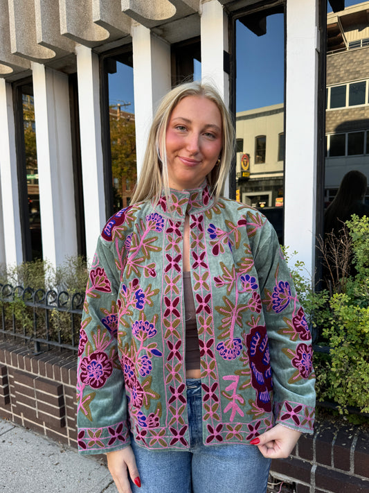 Green Velvet Suzani Embroidered Jacket Free Size