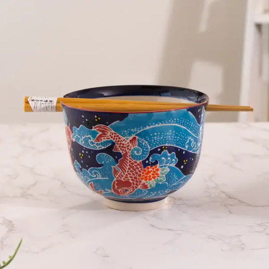 Koi Fish Design 18oz 5.25"D Bowl With Chopsticks Set