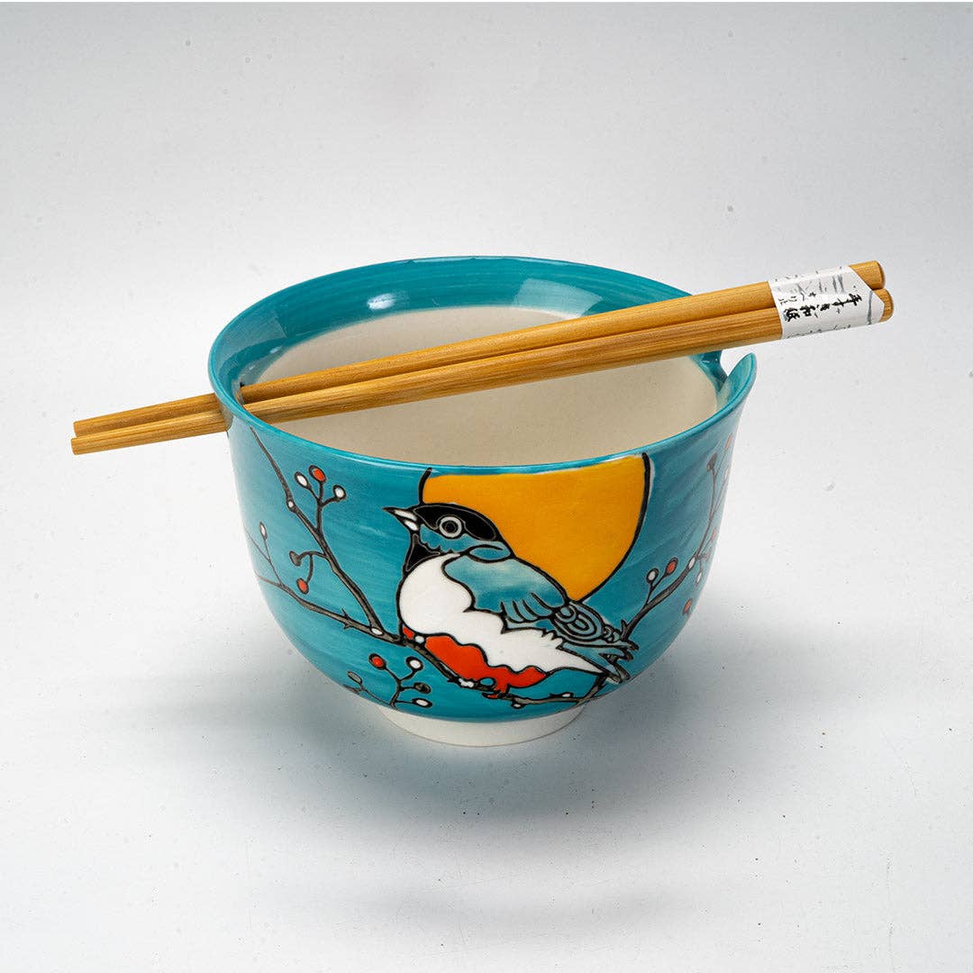 18oz 5"D Donburi Bowl With Chopsticks Set Robin