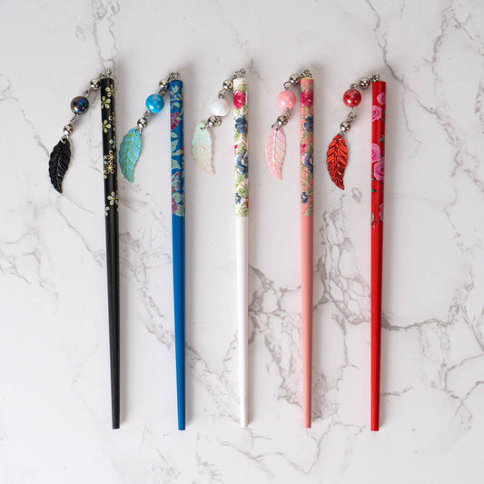 Japanese Floral Hair Sticks With Beads 5pc Assortment