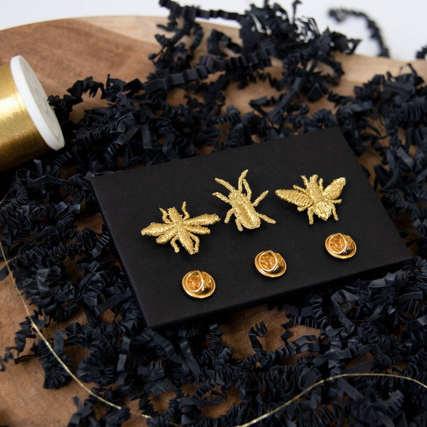 Golden Embroidered Brooches - 3 little Bugs