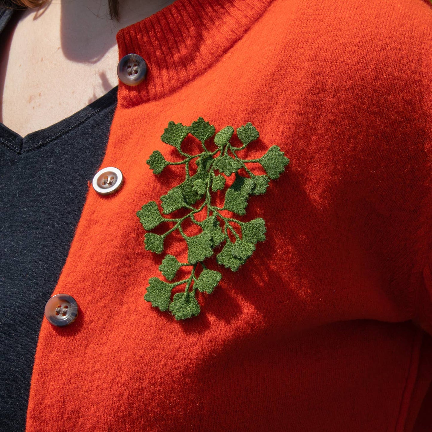 Maidenhair fern embroidered brooch