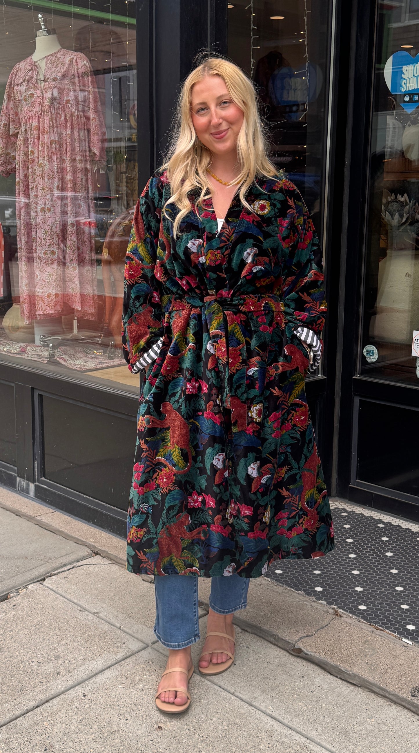 Long Velvet Free Size Black & Floral Coat