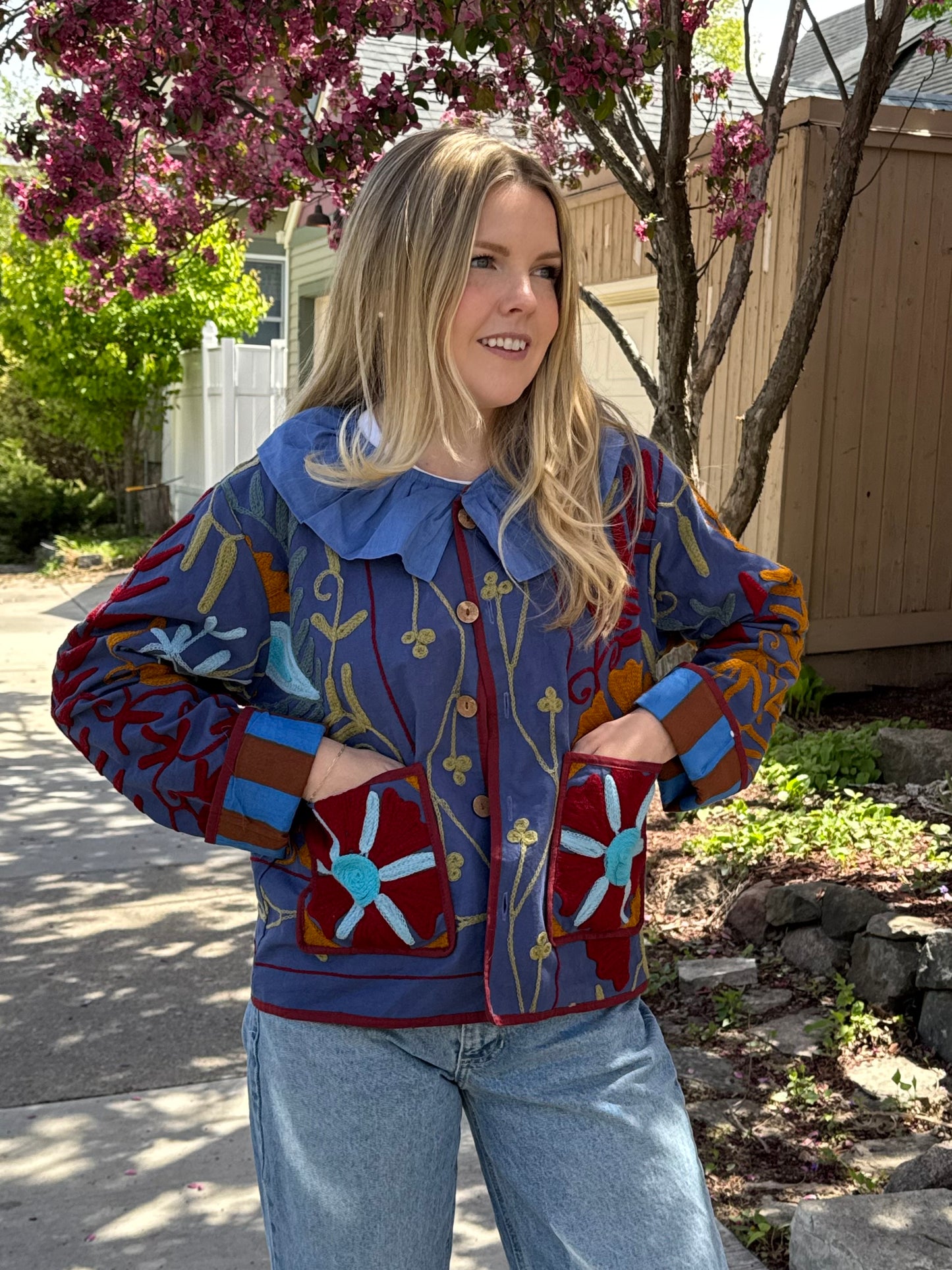 Embroidered Blue Ruffle Jacket