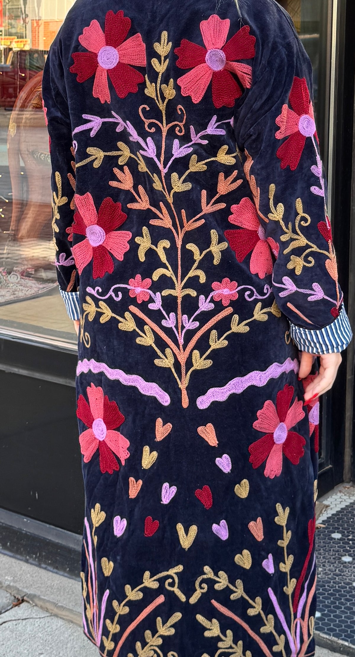 Navy Colorful Velvet Suzani Embroidered Long Jacket Free Size