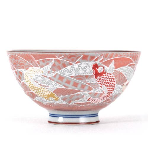 Koi Fish Design 10oz 4.5"Dia x 2.5"H Porcelain Rice Bowl Red