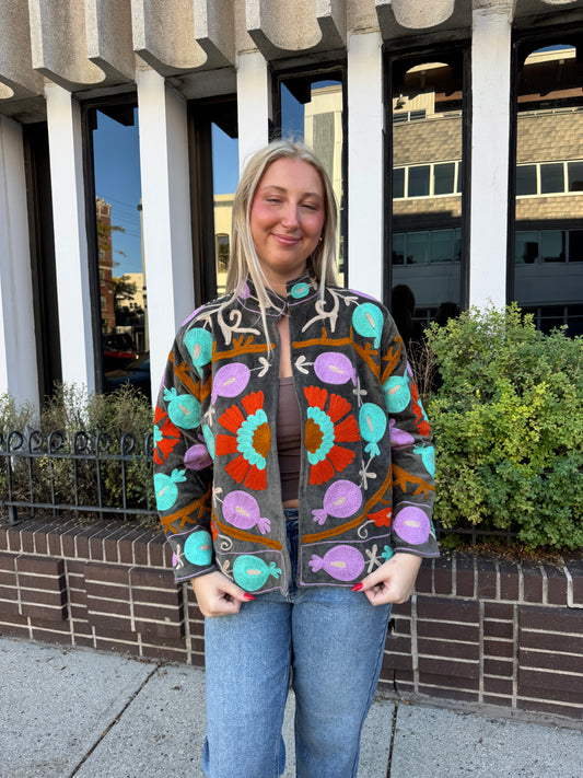 Gray Velvet Suzani Embroidered Jacket Free Size