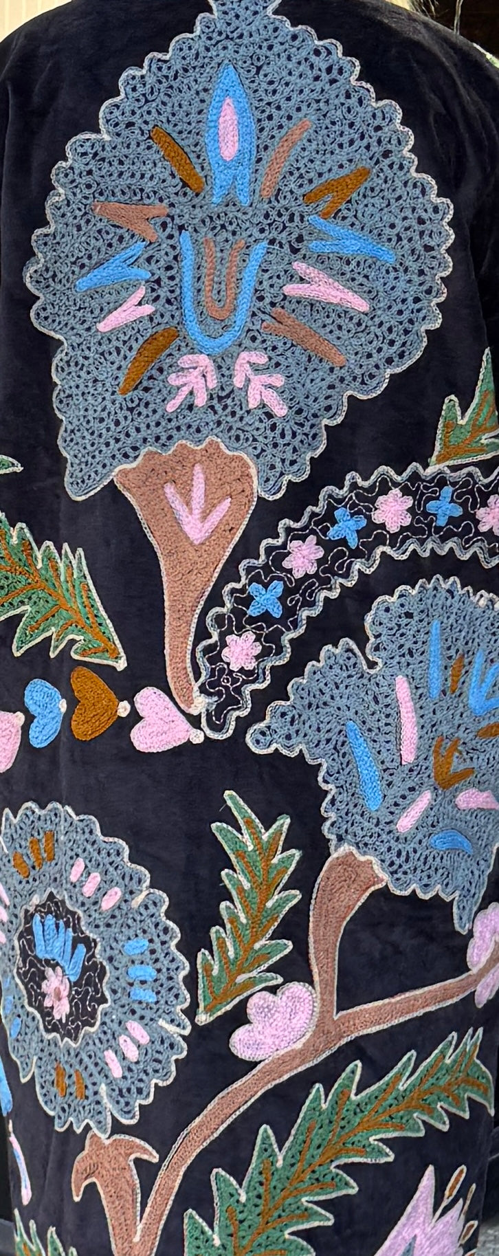Black Colorful Pinks & Blue Suzani Velvet Embroidered Long Jacket Free Size