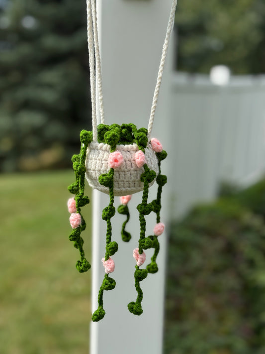 Hand Crocheted White Basket & Pink Flowers