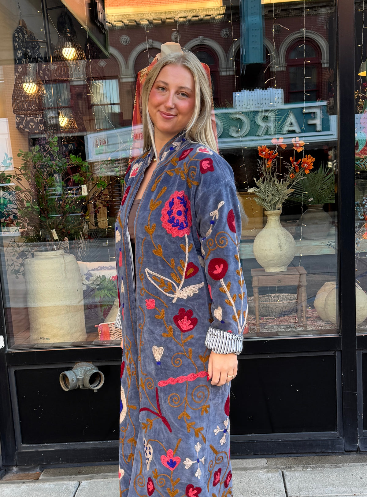 Slate Blue Velvet Suzani Embroidered Long Jacket Free Size