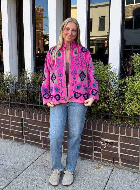 Hot Pink Velvet Embroidered Suzani Jacket Free Size