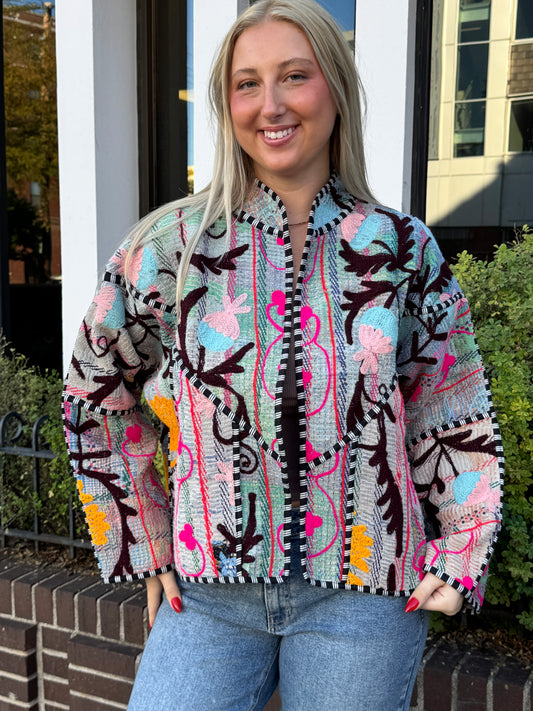 2. One of a Kind Bomber Kantha Suzani Jacket Free Size