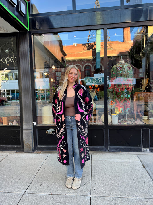 Black Colorful Velvet Suzani Embroidered Long Jacket Free Size