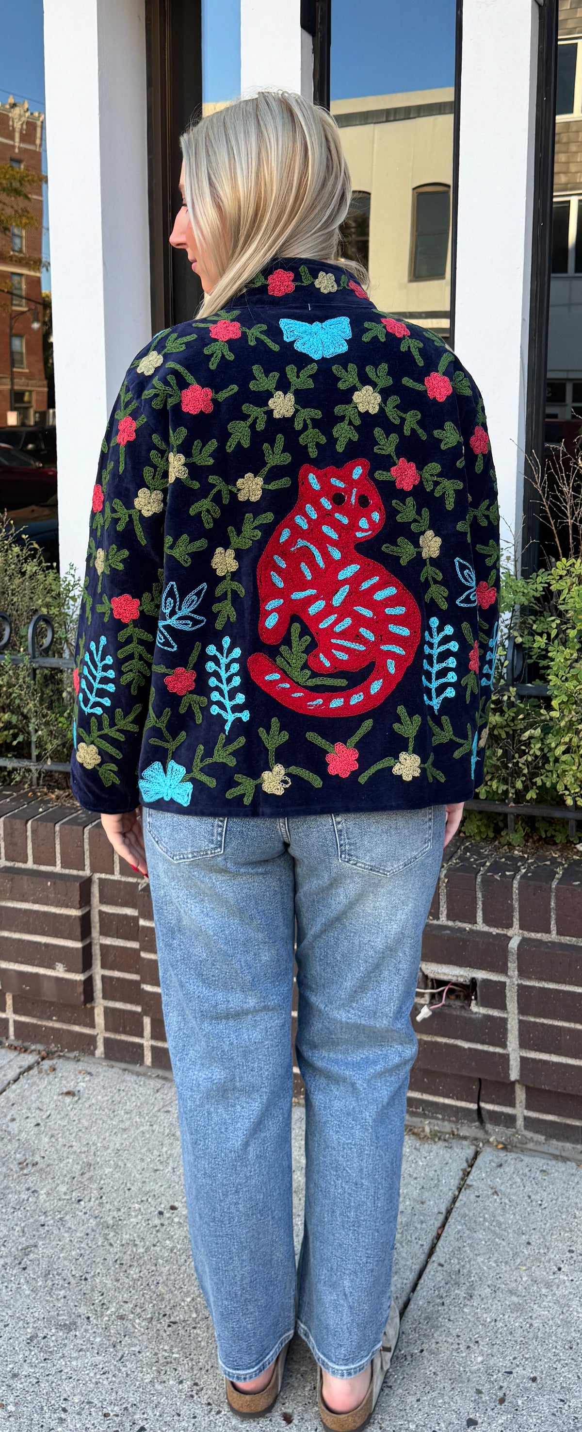 Navy Velvet Suzani Embroidered Leaopard & Flowers Free Size Jacket