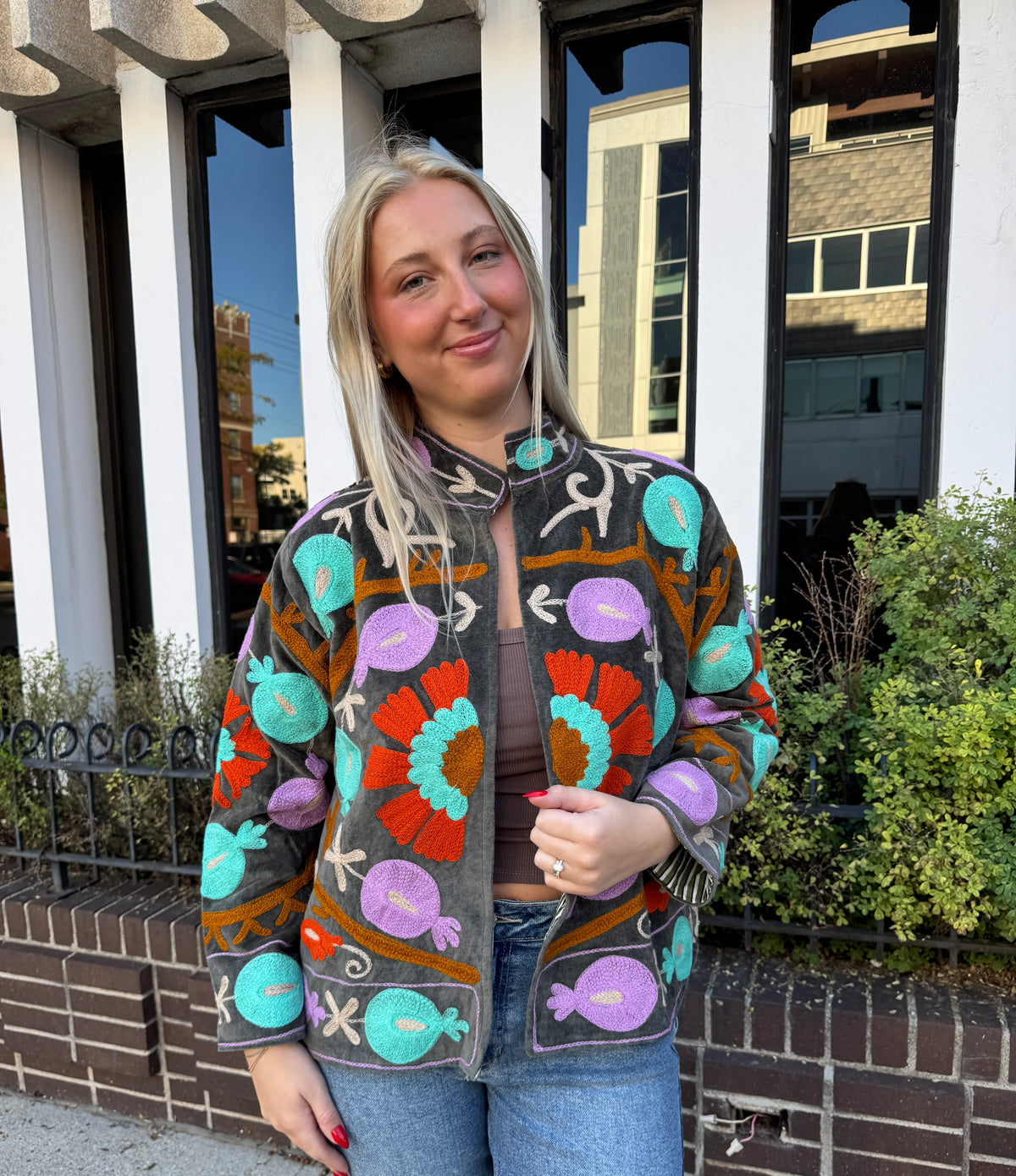 Gray Velvet Suzani Embroidered Jacket Free Size