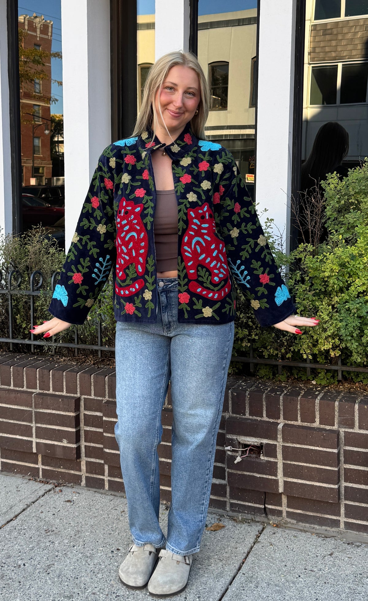 Navy Velvet Suzani Embroidered Leaopard & Flowers Free Size Jacket