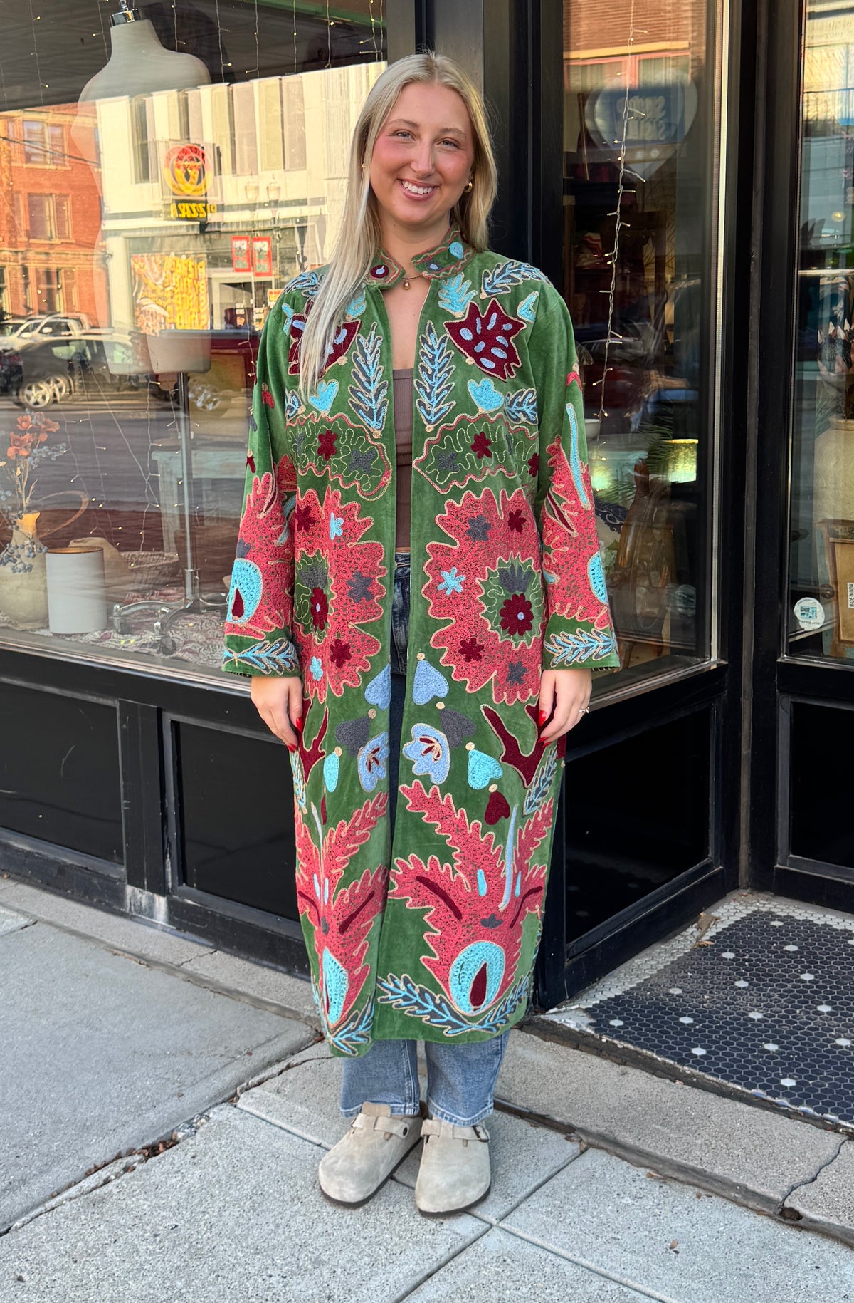 Green Colorful Velvet Suzani Embroidered Long Jacket Free Size