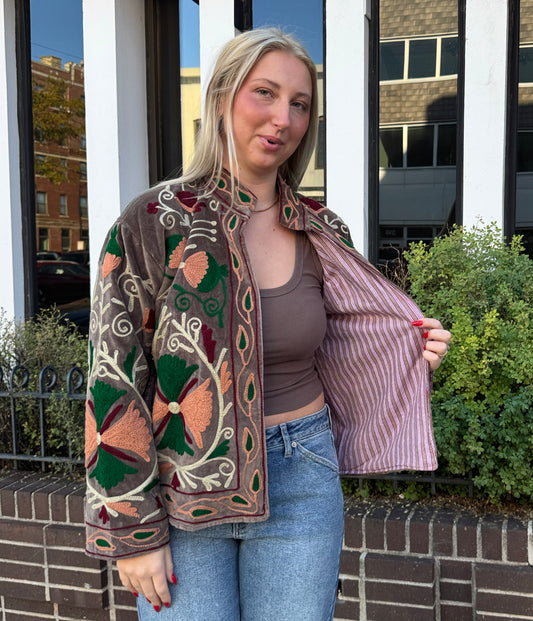 Velvet Suzani Taupe Embroidered Jacket Free Size
