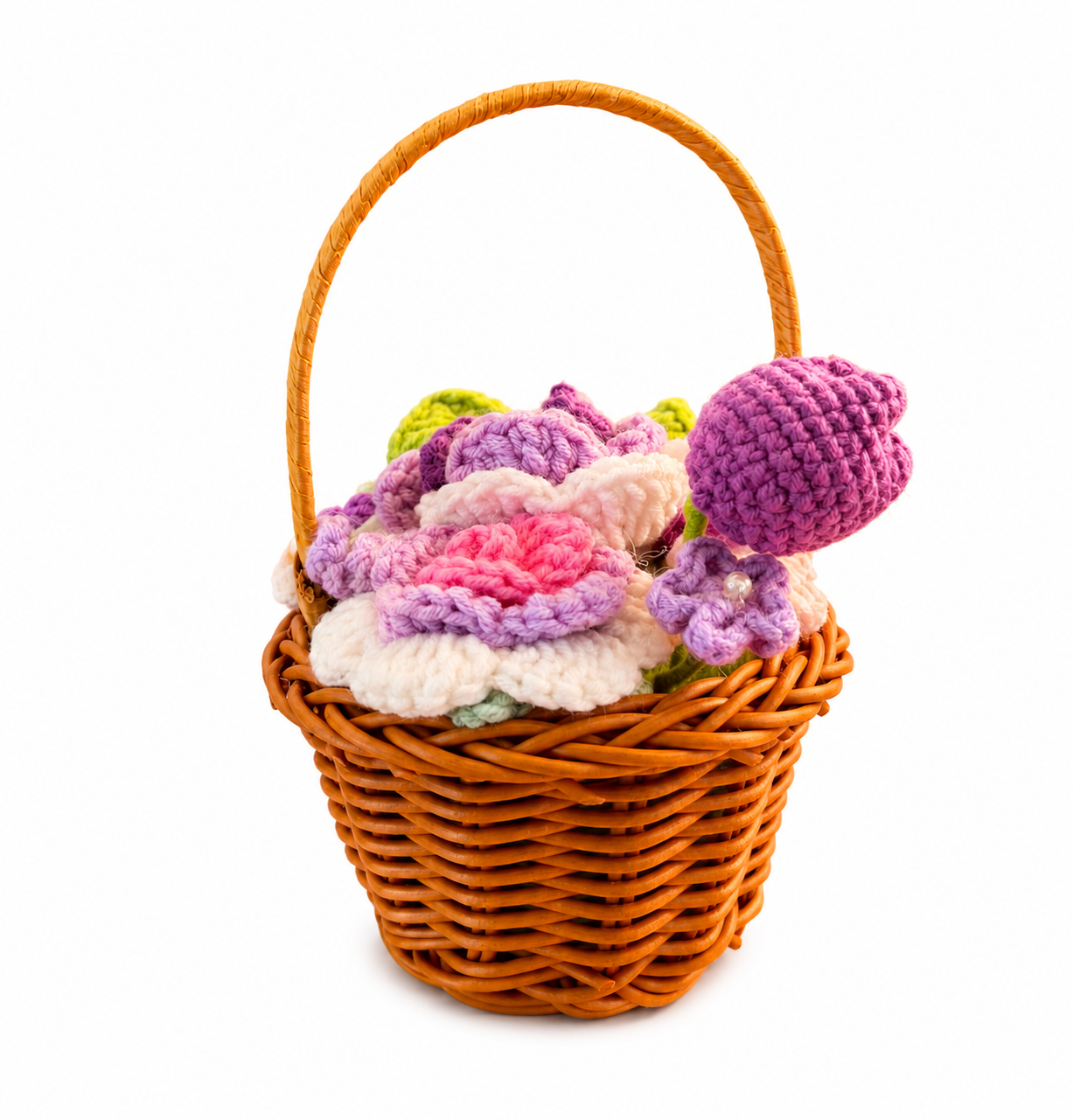 Basket of Crocheted Purple Flowers