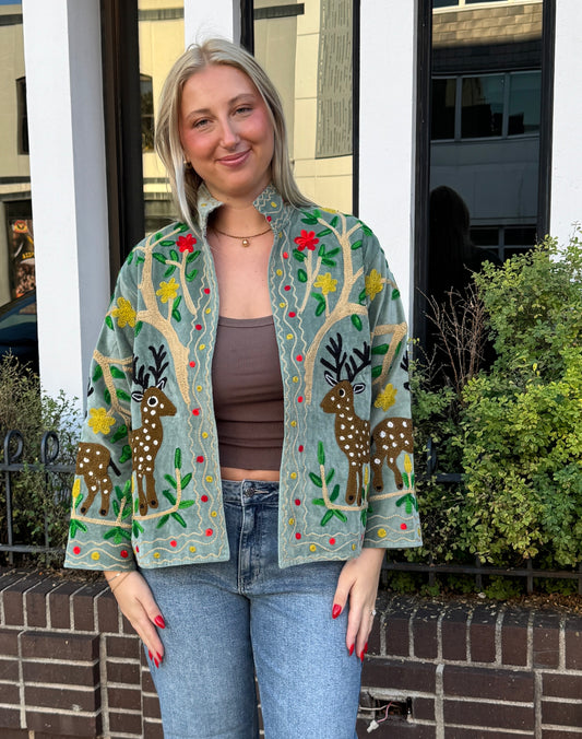 Velvet Embroidered Suzani Deer Jacket Free Size