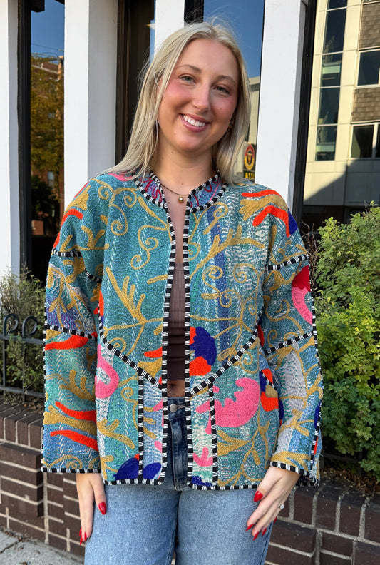 1. One Of Kind Bomber Kantha Suzani Jacket Free Size