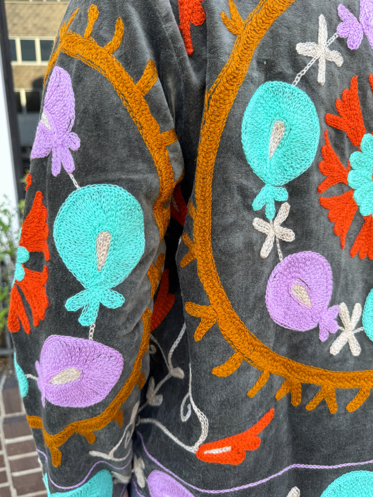 Gray Velvet Suzani Embroidered Jacket Free Size