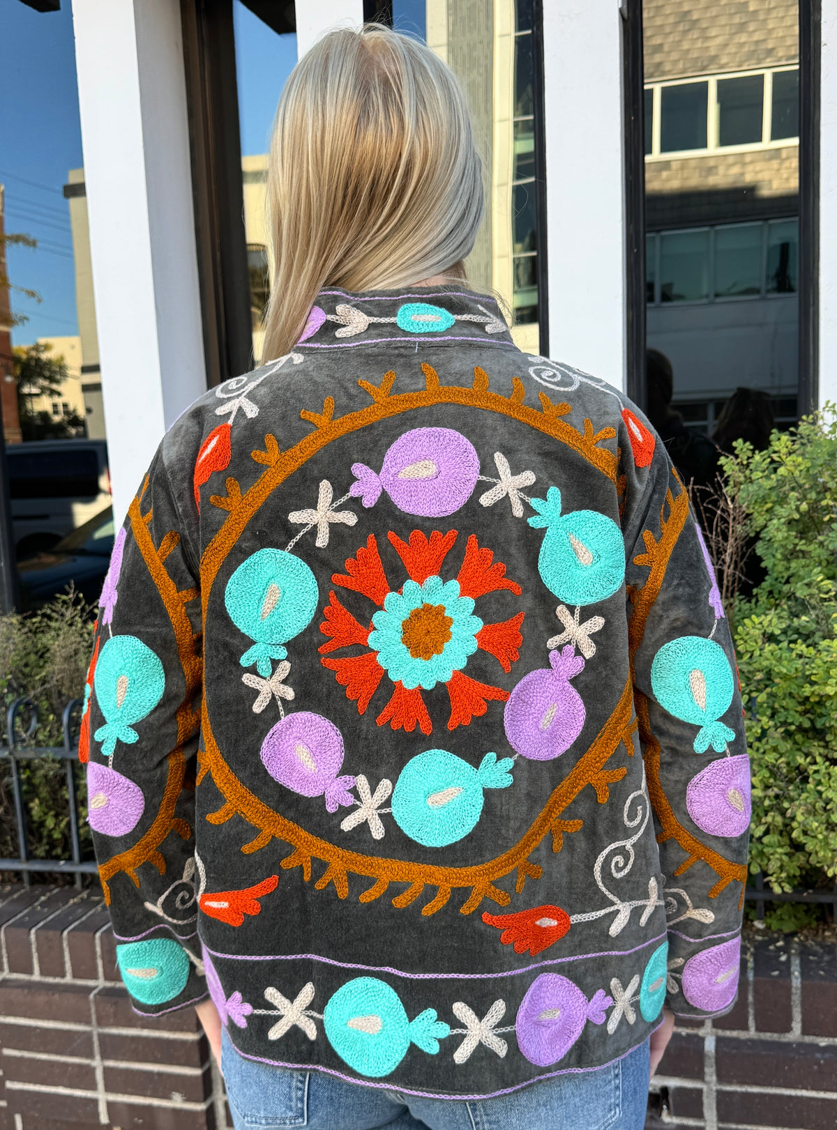 Gray Velvet Suzani Embroidered Jacket Free Size
