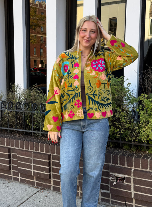 Velvet Embroidered Suzani Jacket Pink Flower Free Size