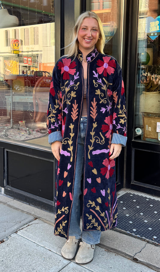Navy Colorful Velvet Suzani Embroidered Long Jacket Free Size