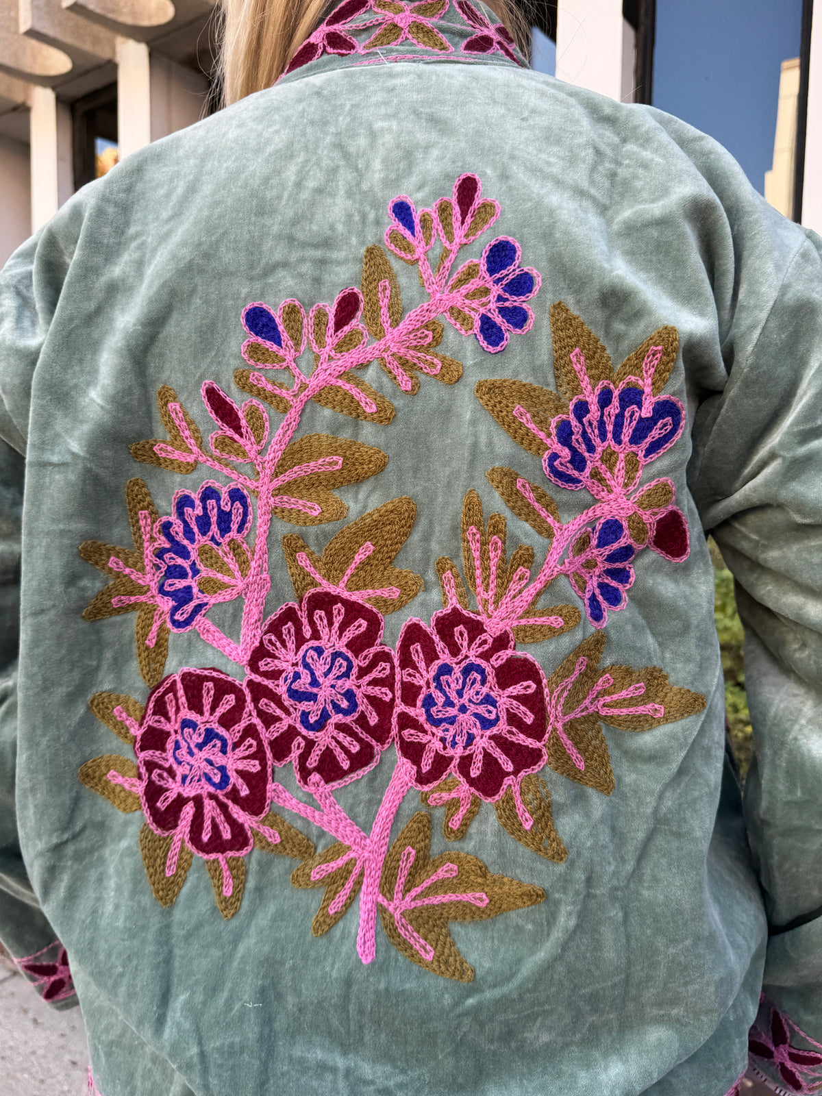 Green Velvet Suzani Embroidered Jacket Free Size