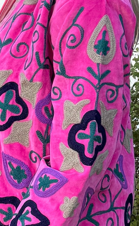 Hot Pink Velvet Embroidered Suzani Jacket Free Size
