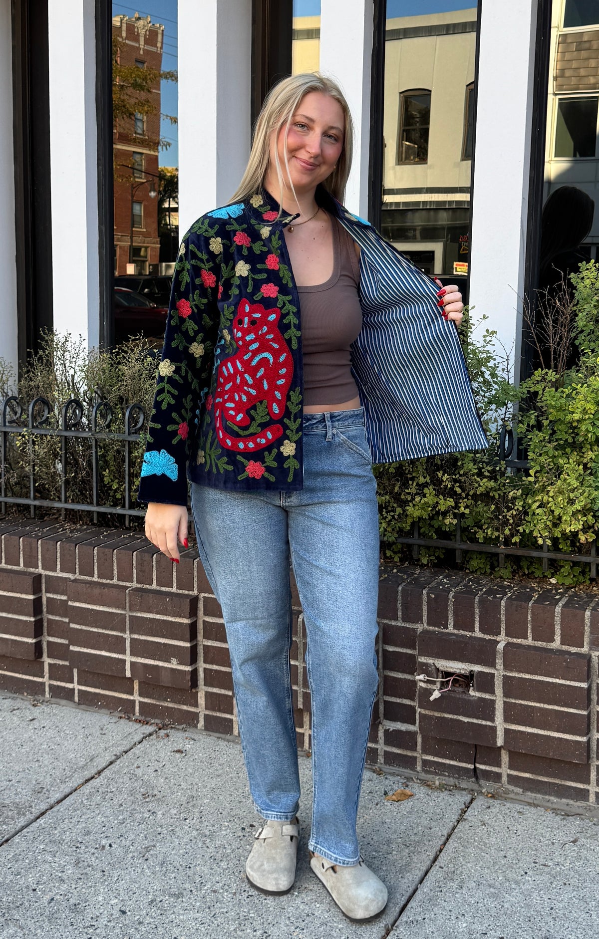Navy Velvet Suzani Embroidered Leaopard & Flowers Free Size Jacket