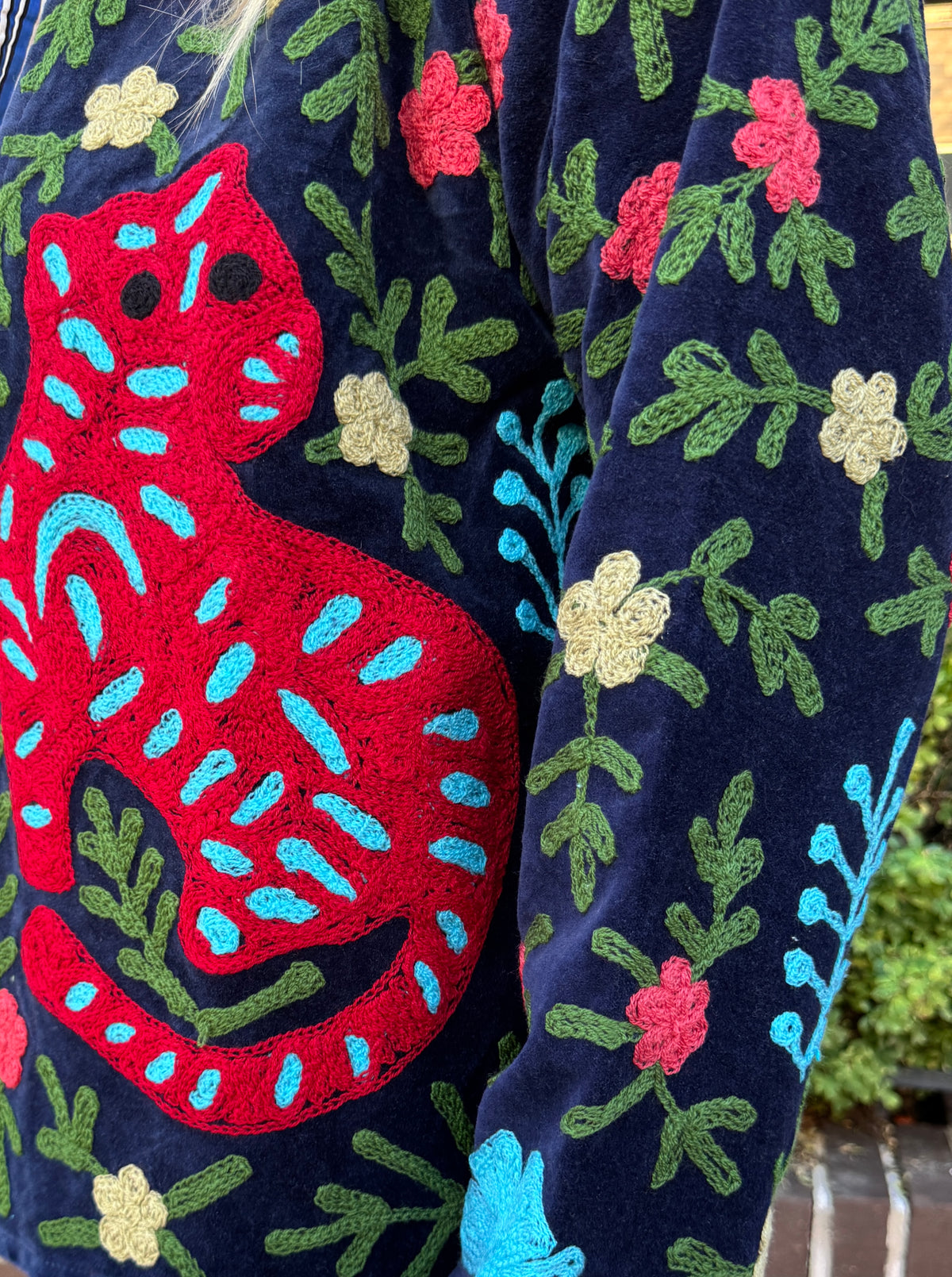 Navy Velvet Suzani Embroidered Leaopard & Flowers Free Size Jacket