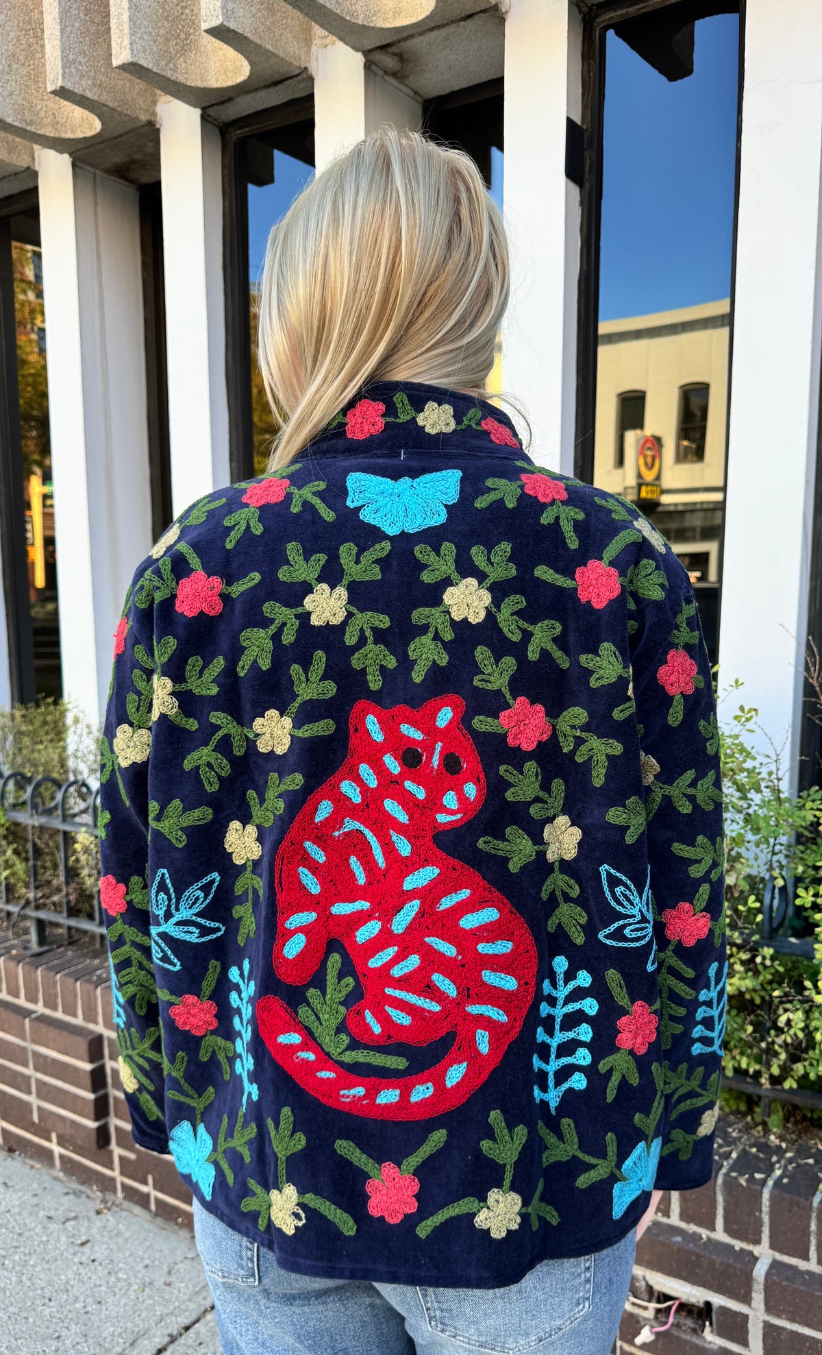 Navy Velvet Suzani Embroidered Leaopard & Flowers Free Size Jacket