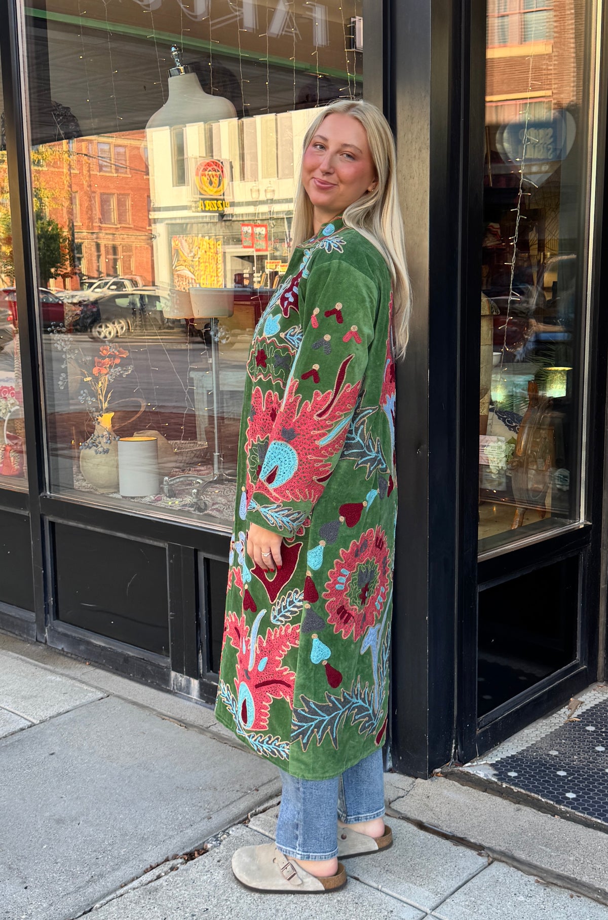 Green Colorful Velvet Suzani Embroidered Long Jacket Free Size