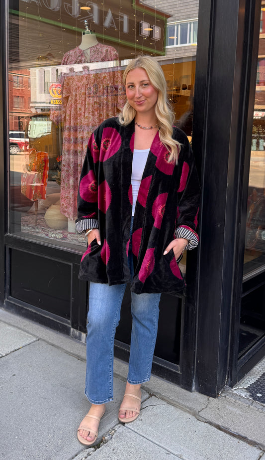 Velvet Free Size Black Hot Pink Circles