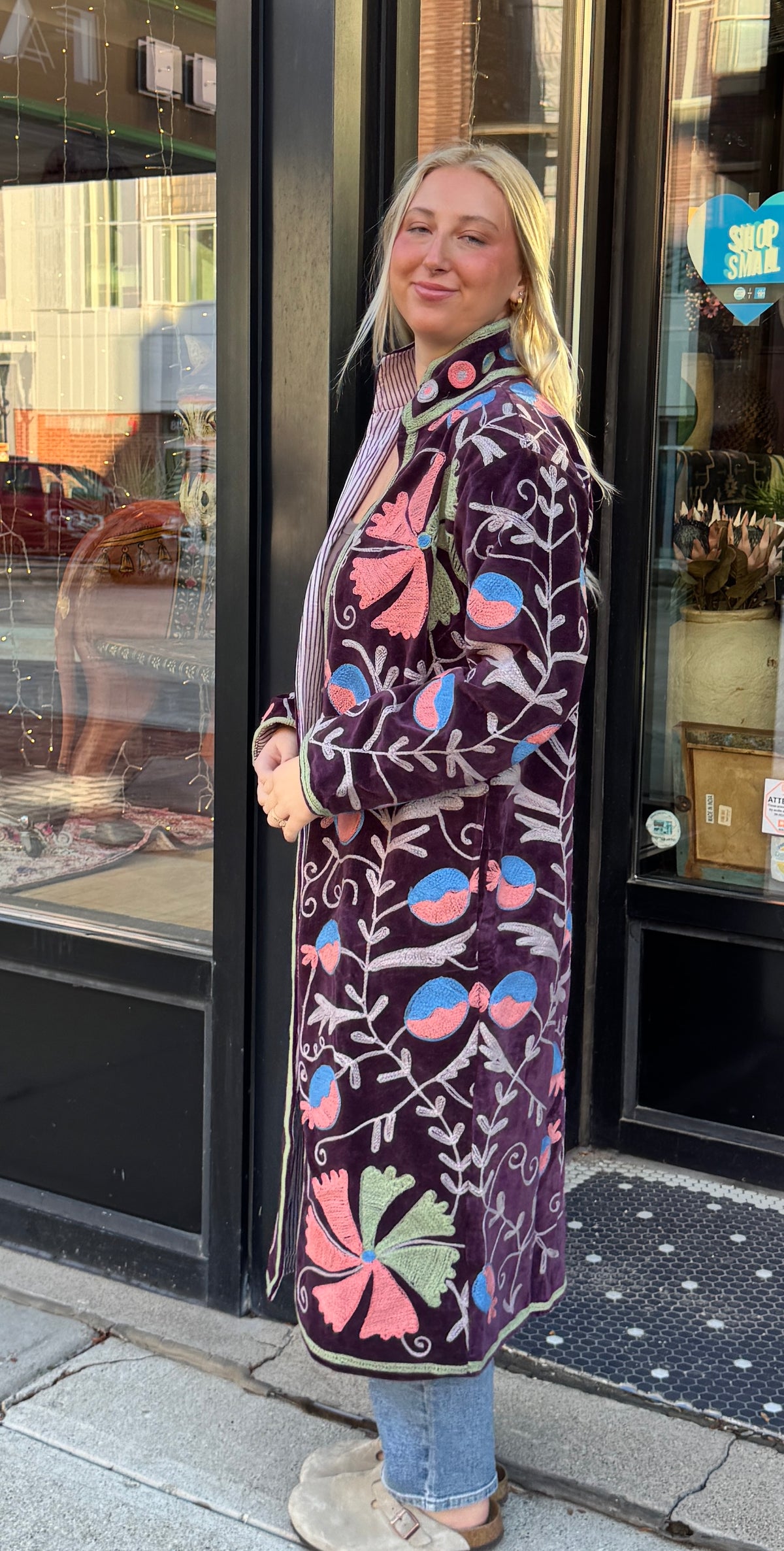 Deep Purple Velvet Suzani Embroidered Long Jacket Free Size