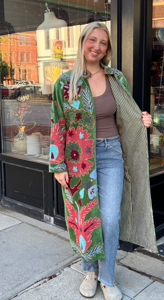 Green Colorful Velvet Suzani Embroidered Long Jacket Free Size