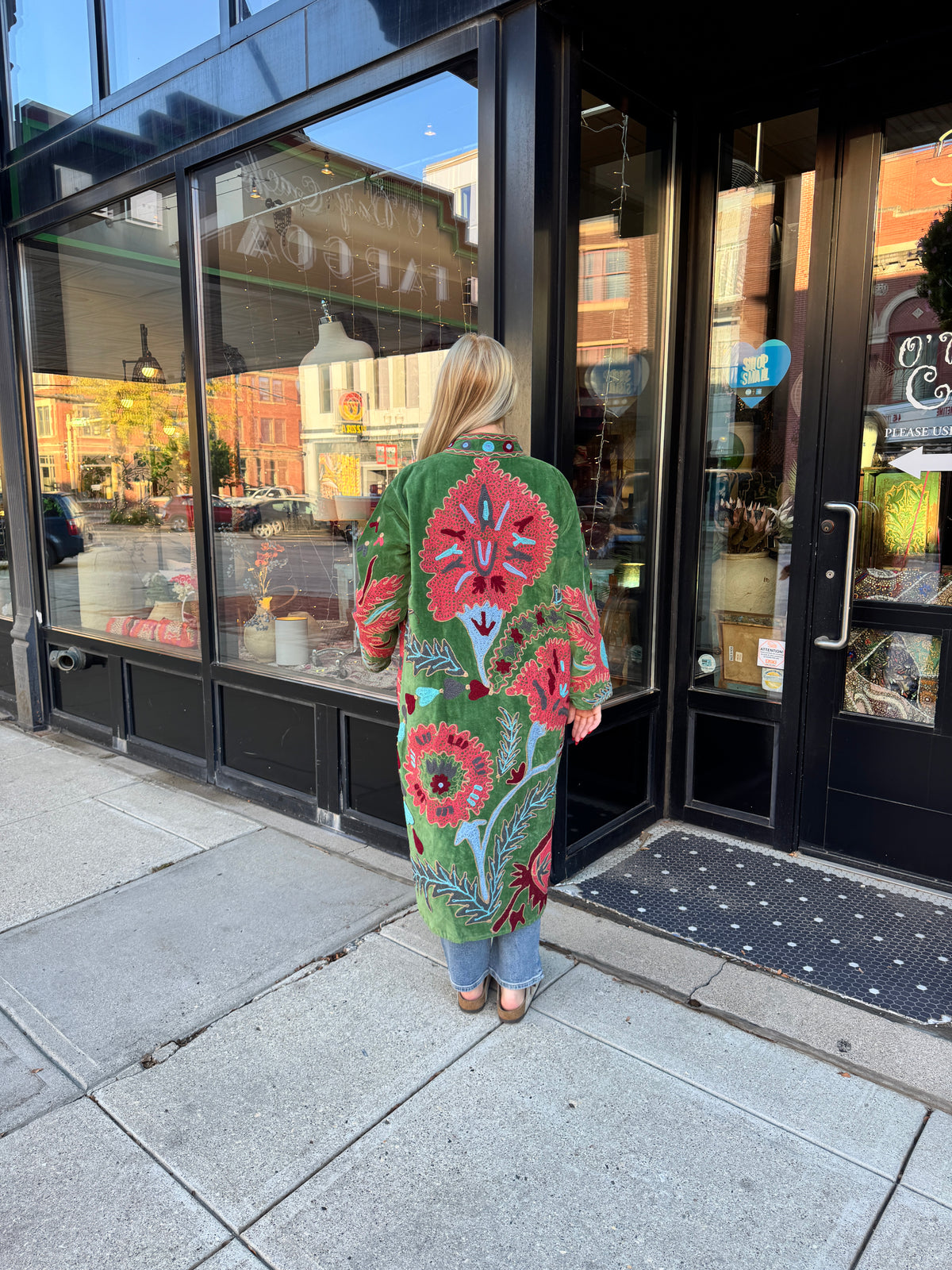 Green Colorful Velvet Suzani Embroidered Long Jacket Free Size