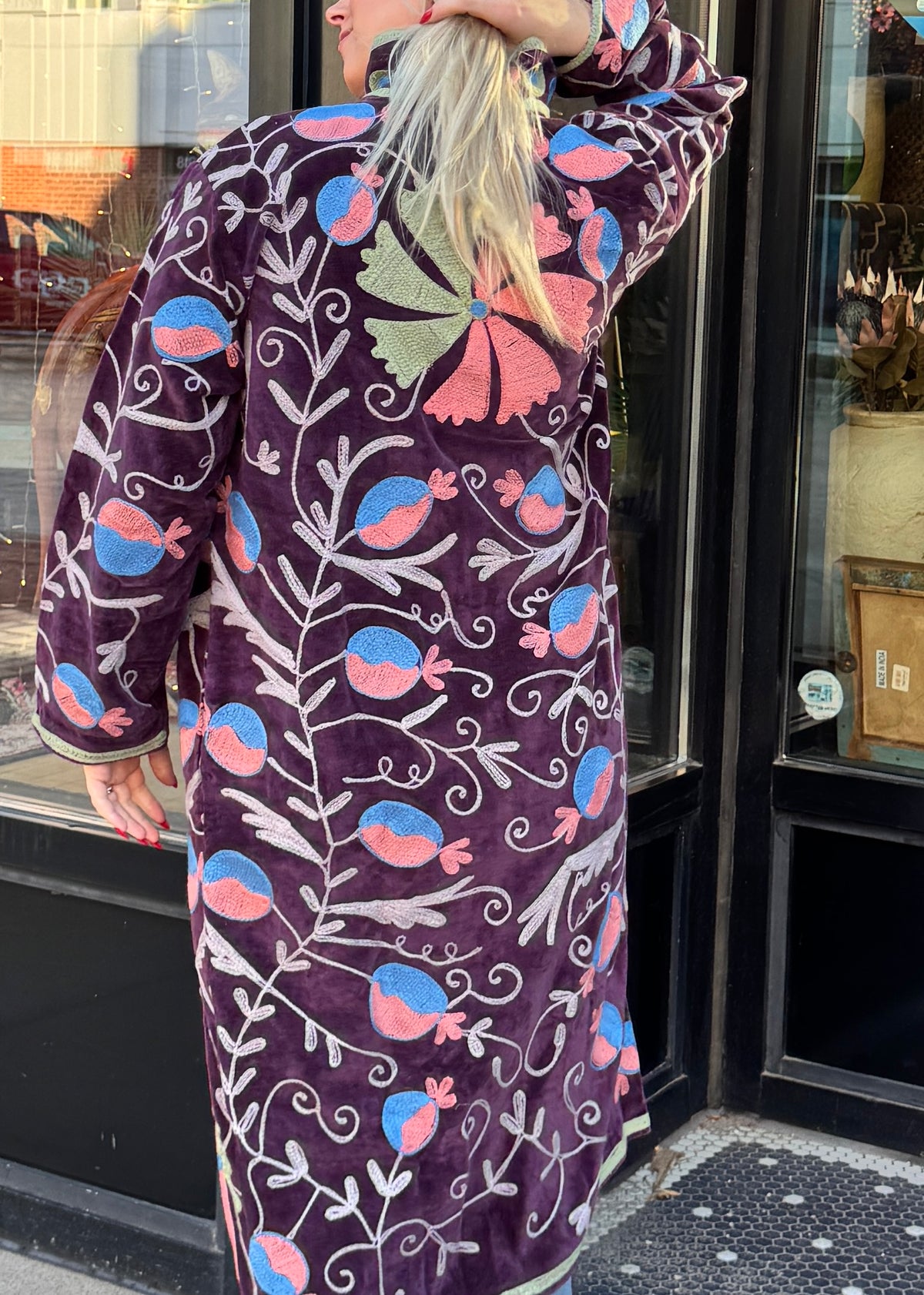 Deep Purple Velvet Suzani Embroidered Long Jacket Free Size
