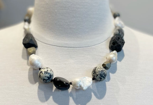 Black Stone Mix & White Pearl Necklace