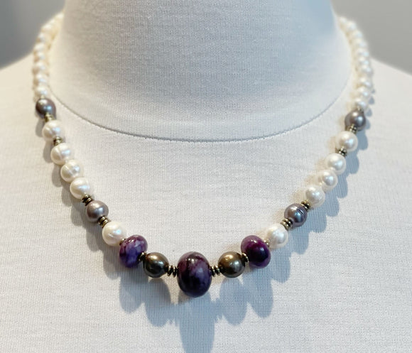 Purple Stone & Gray Pearl & Hematite Bead Necklace